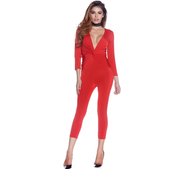 Knotted Capri Jumpsuit with Plunging Neckline - Red - Picture 2 of 6